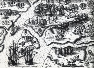 Aankomst van de Fransen in Port Royal in 1564, gravure