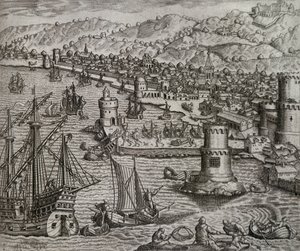 Aankomst van Girolamo Benzoni in de haven van Las Palmas tijdens zijn reis naar Amerika, Canarische Eilanden, gravure door Theodor de Bry door Theodore de Bry