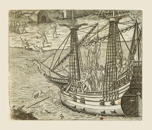 Bartolomeo Diaz hangt enkele Indianen op aan een karveel, gravure door Theodor de Bry (1528-1598) uit Americae pars quarta, sive, Insignis et admiranda historia de reperta primum Occidentali India Christophoro Columbo, door Girolamo Benzoni door Theodore de Bry