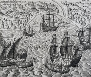 Slag voor de stad Matical in de Baai van Bengalen, gravure uit Indiae Orientalis, door Theodor de Bry