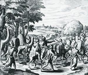 Karavaan van Arabische kooplieden die van Aleppo naar Basra reizen, gravure uit Grands and Petits Voyages, Midden-Oosten door Theodore de Bry