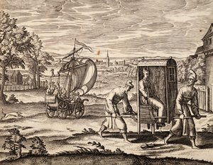 Chinese draagstoel, Oost-Indië, gravure uit werk door Theodor de Bry, China door Theodore de Bry