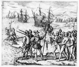 Christopher Columbus (1451-1506) ontvangt geschenken van de cacique, Guacanagari, in Hispaniola (Haïti) uit 