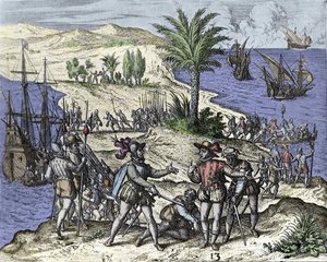 Christoffel Columbus en zijn broer werden gearresteerd door Francisco de Bobadilla in 1500. Gravure door Théodore de Bry (1528-1598).
