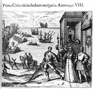 Christoffel Columbus en de Pinzon-broers verlaten de haven van Palos in Spanje op 03/08/1492 naar de Nieuwe Wereld. Rechts de koning en koningin van Portugal, katholiek Ferdinand II van Aragon en Isabella I van Castilië. Gravure door Theodore de Bry in "Ad