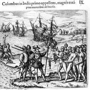 Christoffel Columbus arriveert in de West-Indië. Gravure door Theodor de Bry in 
