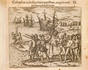 Christoffel Columbus landt op het eiland Guanahani (San Salvador) 12 oktober door Theodore de Bry