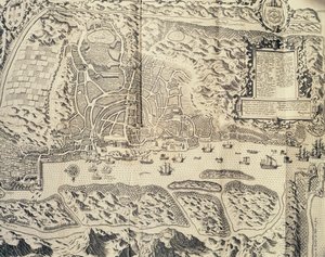 Stad Goa in India, gravure door Theodor de Bry uit reisverslag van Jan Huyghen van Linschoten naar Portugees Oost-Indië 1579-1592, 16e eeuw door Theodore de Bry