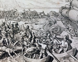 Botsing tussen inheemse Indianen en Spaanse troepen, gravure uit Historia Americae, door Theodor de Bry, Frankfurt