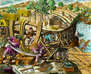 Bouw van een boot voor de Spaanse navigator Vasco Núñez de Balboa (1475-1517). Gravure uit 