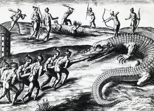 Krokodillenjacht in Florida, naar schilderij van Jacques le Moyne de Morgues, door Theodor de Bry, gravure
