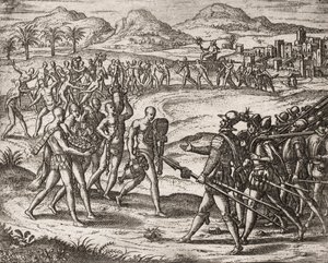 Beschrijving van misdaden begaan tegen Indianen door Spaanse kolonisten - Indianen brengen geschenken en goud naar de Conquistadores - Gravure door Theodore de Bry in 