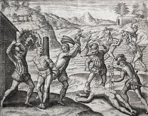 Beschrijving van misdaden begaan tegen Indianen door Spaanse kolonisten - Spanjaarden martelen Indianen - Gravure door Theodore de Bry in 