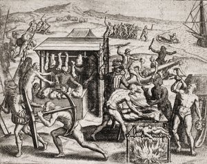 Beschrijving van misdaden begaan tegen Indianen door Spaanse kolonisten - Spaanse conquistadores die Indianen aan het werk zetten en hen mishandelen - Antropofage Indianen - Gravure door Theodore de Bry in 