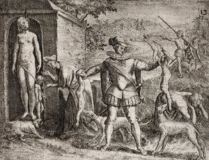 Beschrijving van misdaden begaan tegen Indianen door Spaanse kolonisten - Spaanse conquistadores die Indiase vrouwen en kinderen afslachten. Ophanging. Kinderen geworpen aan de honden - Gravure door Theodore de Bry in "Narratio regionum indicarum per Hispa door Theodore de Bry