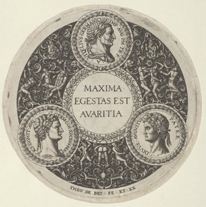 Ontwerp voor een schaal met portretten van de Romeinse keizers Vitellius, Domitianus en Augustus, ca. 1588 door Theodore de Bry