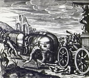 Toegewijden worden verpletterd door wagen tijdens processie van idool, door Theodor de Bry, gravure