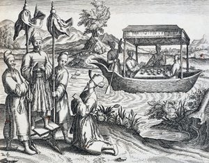 Straat van hoogwaardigheidsbekleders, uit reis ondernomen door Jan Huyghen van Linschoten (1563-1611) tussen 1583 en 1592, gravure uit India Orientalis door Theodor de Bry (1528-1598), China