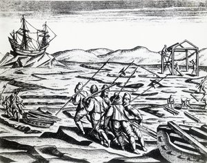 Expeditie geleid door Willem Barentsz op zoek naar de Noordoostelijke Doorvaart, uit Peregrinationes, gravure door Theodore de Bry