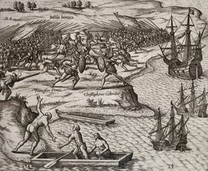 Gevecht tussen Christoffel Columbus en Francesco Poresio in Jamaica, gravure door Theodor de Bry (1528-1598)