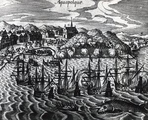 Vloot van galeien in de haven van Acapulco, door Theodor de Bry, gravure door Theodore de Bry