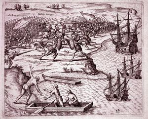 Vierde reis van Christoffel Columbus op het eiland Jamaica in 1503 door Theodore de Bry