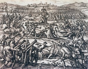 Troepen van Francisco Pizarro (circa 1475-1541) vangen Inca-keizer Atahualpa tijdens de Slag bij Cajamarca, 16 november door Theodore de Bry