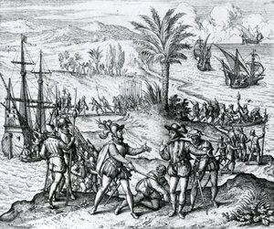 Francisco de Bobadilla arriveert als Gouverneur en arresteert Christoffel Columbus (1451-1506) in Hispaniola, 1500, 1590