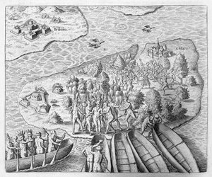Hans Staden gevangen door Tupinamba Indianen tijdens zijn reis naar Brazilië, 1552, uit 