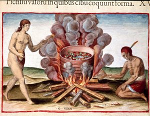 Geschiedenis van Amerika: "Indiaan die vis kookt" Gravure uit "Admirante Narratio Americae" door Theodore de Bry (1528-1598) door Theodore de Bry