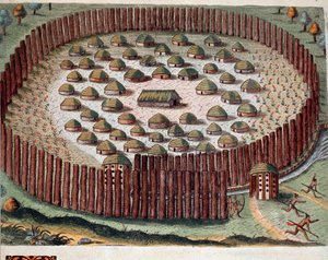 Geschiedenis van Amerika: voorstelling van een Indiaans dorp in Florida. Gravure uit 