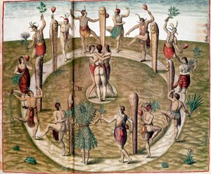 Geschiedenis van Amerika: "Rituele Dans om Vriendschap te Vieren" Gravure door Theodore de Bry (1528-1598). 16e eeuw Vincennes, Historisch Museum van de Marine door Theodore de Bry