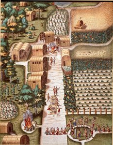 Geschiedenis van Amerika: "De Tuin van de Stad Secota in Virginia" Gravure uit "Admirante Narratio Americae" door Theodore de Bry (1528-1598)