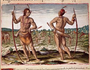 Geschiedenis van Amerika: "Twee inwoners van Virginia, Indiaanse wapens van pijlen en boog" Gravure uit "Admirante Narratio Americae" door Theodore de Bry (1528-1598) door Theodore de Bry
