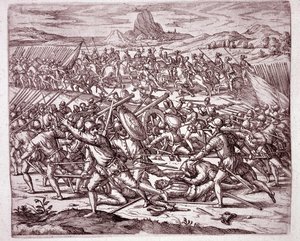 Geschiedenis van Amerika: gevechten tussen de legers van Vaca de Castro en Almagro junior na de dood van Francisco Pizarro en Diego de Almagro (Gravure) door Theodore de Bry