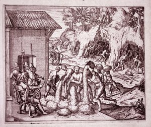 Geschiedenis van Amerika: de Spanjaarden exploiteren de goudmijnen (Gravure)