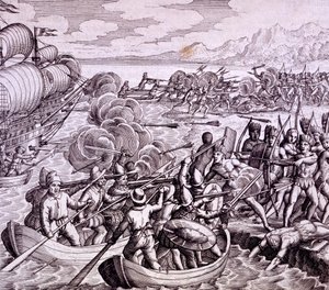 Hoe de Spanjaarden landden op het eiland Haïti, met 400 man wat leidde tot een grote slag met de inboorlingen, illustratie uit 