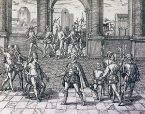 Inca-keizer Atahualpa wordt gevangengenomen door Spanjaarden in Cajamarca, Peru, gravure uit American History door Theodore de Bry, Frankfurt