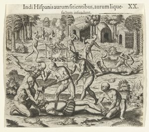 Indianen gieten vloeibaar goud in de mond van een Spanjaard, 1594 door Theodore de Bry