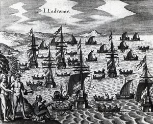 Eilanden van dieven (Islas de los Ladrones, tegenwoordig Marianen eilanden), gravure uit Peregrinationes, door Theodor de Bry door Theodore de Bry