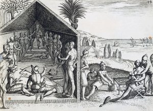 Koning ontvangt Europese bezoekers, Kaap Lopez, Gabon, gravure uit India orientalis door Theodor de Bry, Afrika