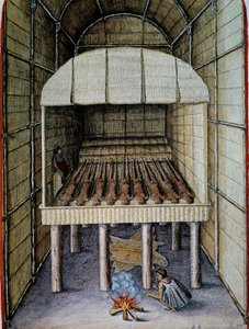 Leven van inboorlingen, begrafenis van doden, gegraveerd door Theodor de Bry, uit Admiranda Narratio, trust tamen, commodis et de incolarvm ritibvs Virginia, door Thomas Harriot, Noord-Amerika door Theodore de Bry