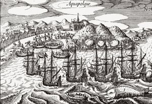Mexico, Uitzicht op Acapulco - Mexico (Aquapolque), Theodore de Bry, ca. 1630. Vroeg uitzicht op de koloniale nederzetting in Acapulco, die de Spanjaarden gebruikten als belangrijkste haven voor hun handel met de Filippijnen. De haven is gevuld met galeien door Theodore de Bry