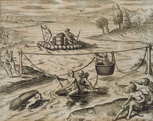 Inheemse Amerikaanse Indianen die rivierstromen afvaren door Theodore de Bry