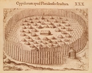 Inheems dorp in Florida, illustratie uit The Discourse of Florida