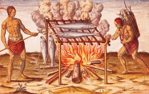Hoe Indianen Vis Koken, Illustratie uit Admiranda Narratio door Theodore De Bry