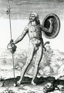 Pictische Man die een Menselijk Hoofd vasthoudt door Theodore de Bry