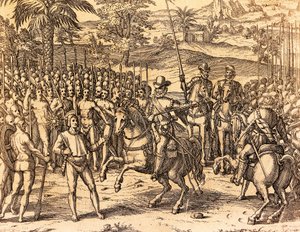 Pizarro verwelkomd door de inboorlingen door Theodore de Bry