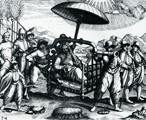 Portugezen in India, vervoerd op draagstoel, gravure uit Peregrinationes, door Theodor de Bry, India