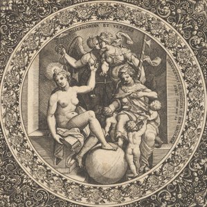 Scène met Misericordia en Veritas in een cirkel in het midden door Theodore de Bry